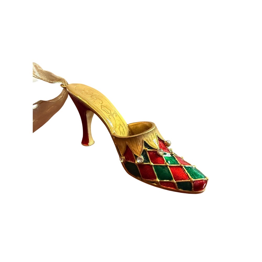 Brighten the Season Enamel Harlequin Jester Shoe Christmas Ornament Rhinestones